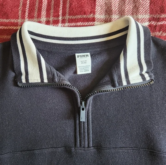 PINK Victoria's Secret Black Quarter Zip Sweater with Striped Collar - Picture 2 of 6
